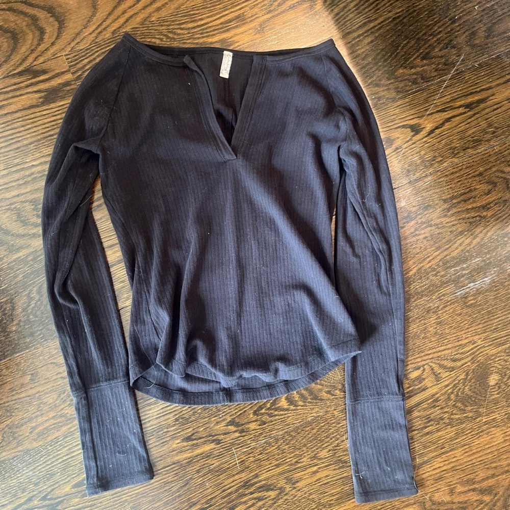 Free People Black Ribbed Long Sleeve Blouse